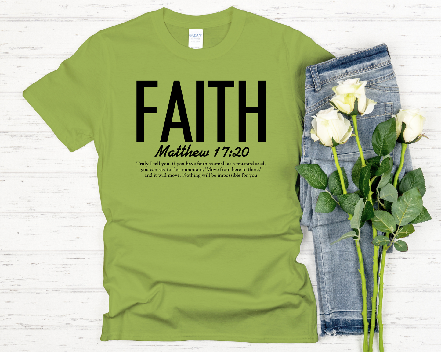 Faith | Matthew 17:20 Bible Verse Signature Softstyle Short-Sleeve T-Shirt