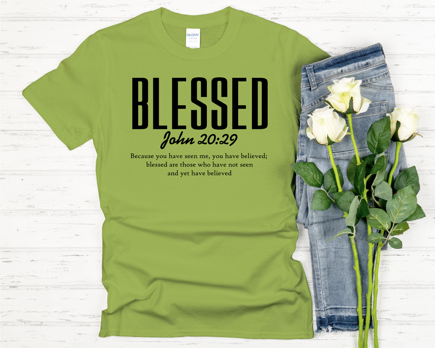 Blessed | John 20:29 Bible Verse Signature Softstyle Short-Sleeve T-Shirt