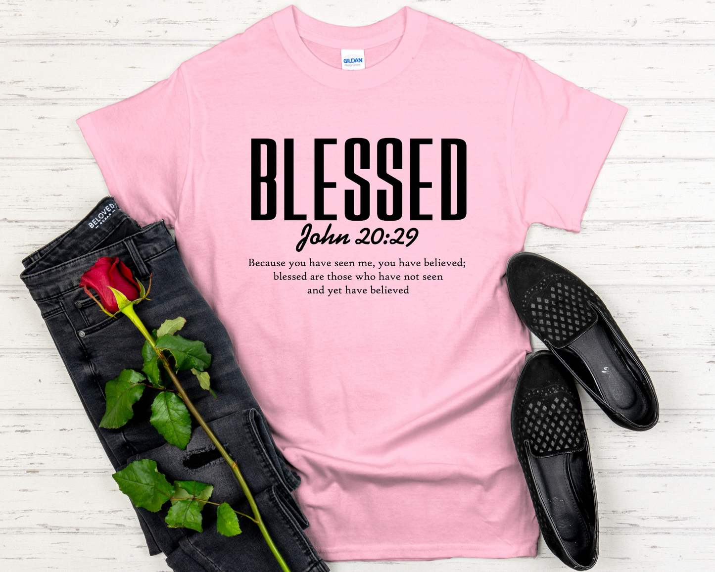 Blessed | John 20:29 Bible Verse Signature Softstyle Short-Sleeve T-Shirt