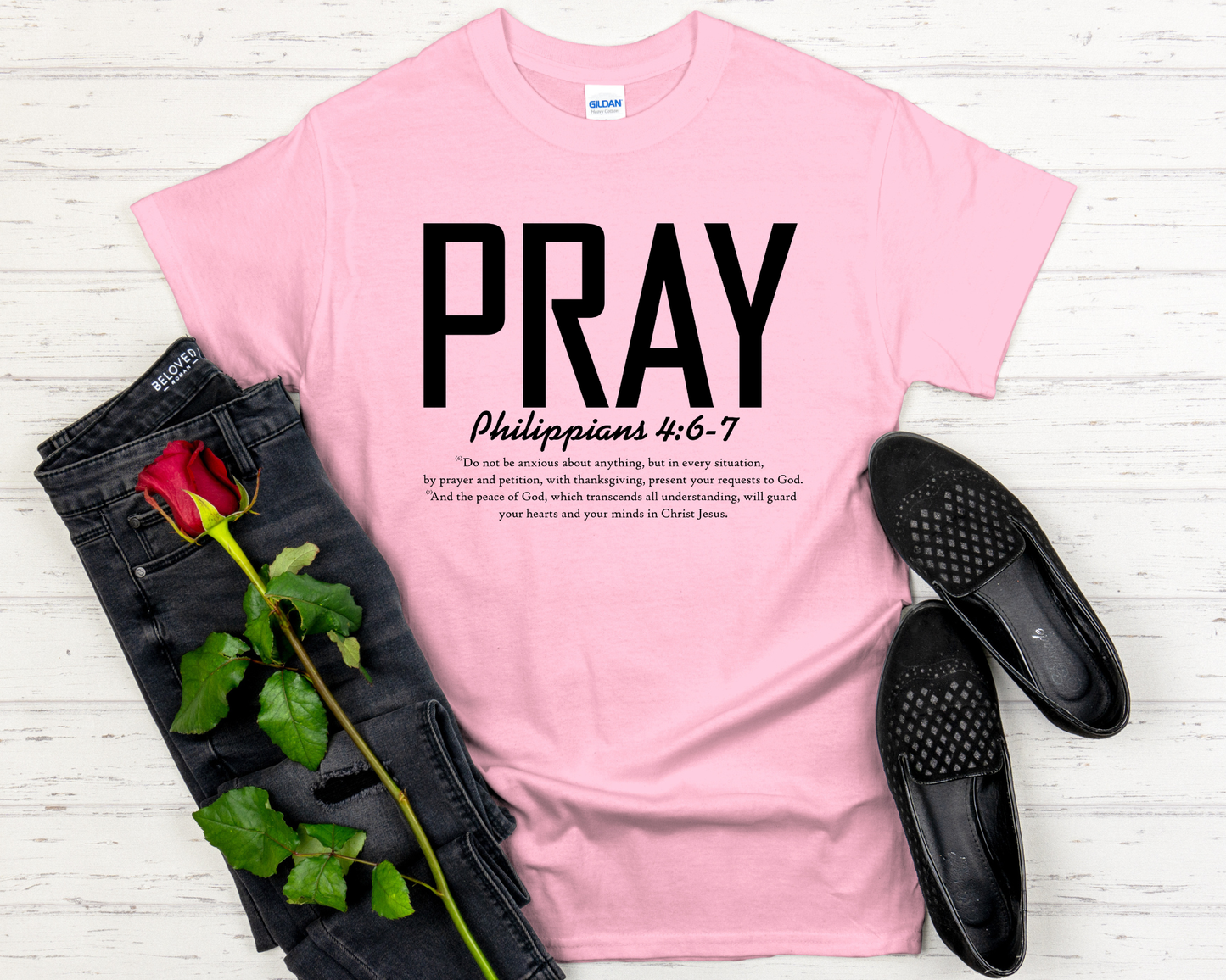 Pray | Philippians 4:6-7 Bible Verse Signature Softstyle Short-Sleeve T-Shirt