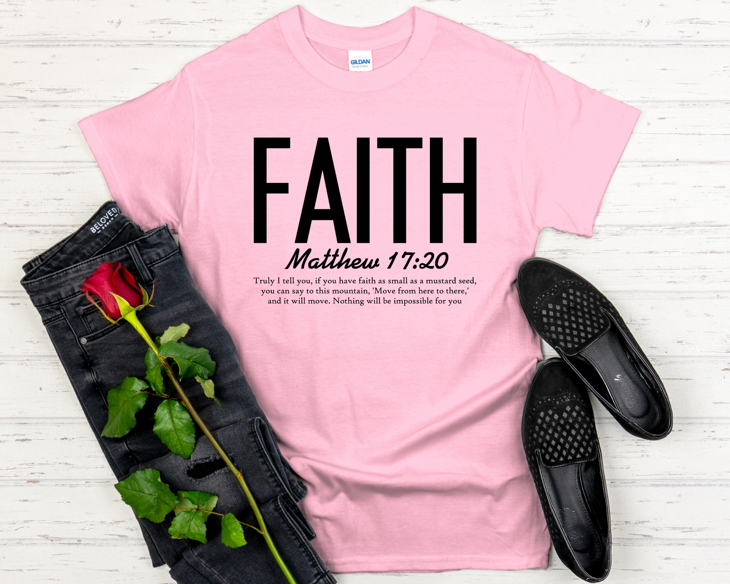 Faith | Matthew 17:20 Bible Verse Signature Softstyle Short-Sleeve T-Shirt