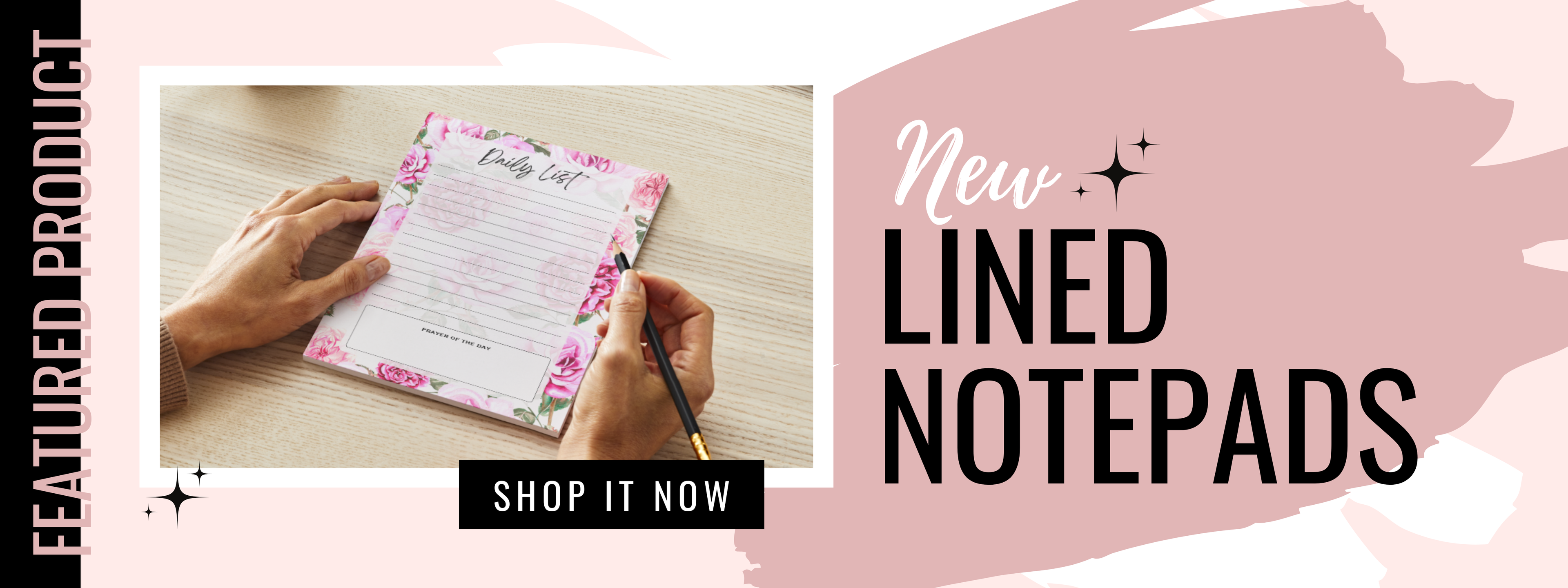 Person writing on a lined notepad with promotional text for new lined notepads.