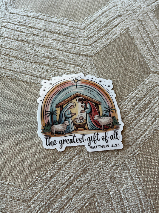 The Greatest Gift of All | Matthew 1:21 Vinyl Sticker, 3"x3"