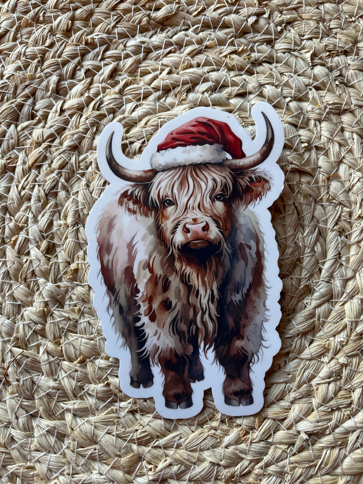 Christmas Highland Cow Vinyl Sticker, 3"x4"