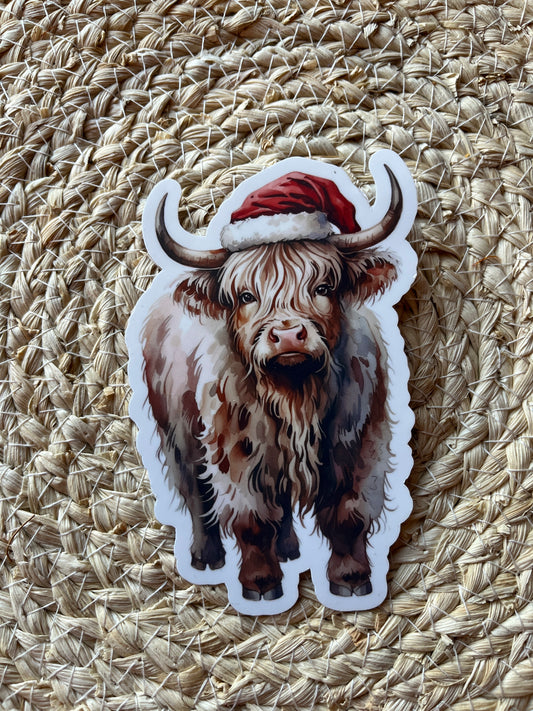 Christmas Highland Cow Vinyl Sticker, 3"x4"