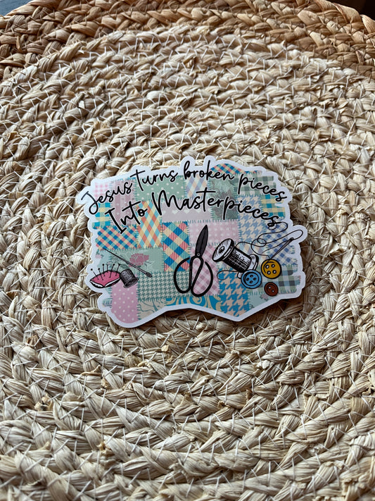 Jesus Turns Broken Pieces into Masterpieces Vinyl Sticker Set, 3"x3"