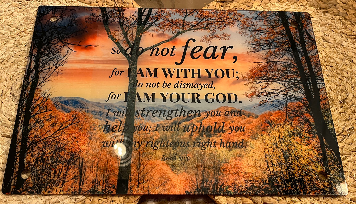 Smoky Mountains Scripture Glass Wall Art – Isaiah 41:10 (8” x 12”) | With Standoff Mounts