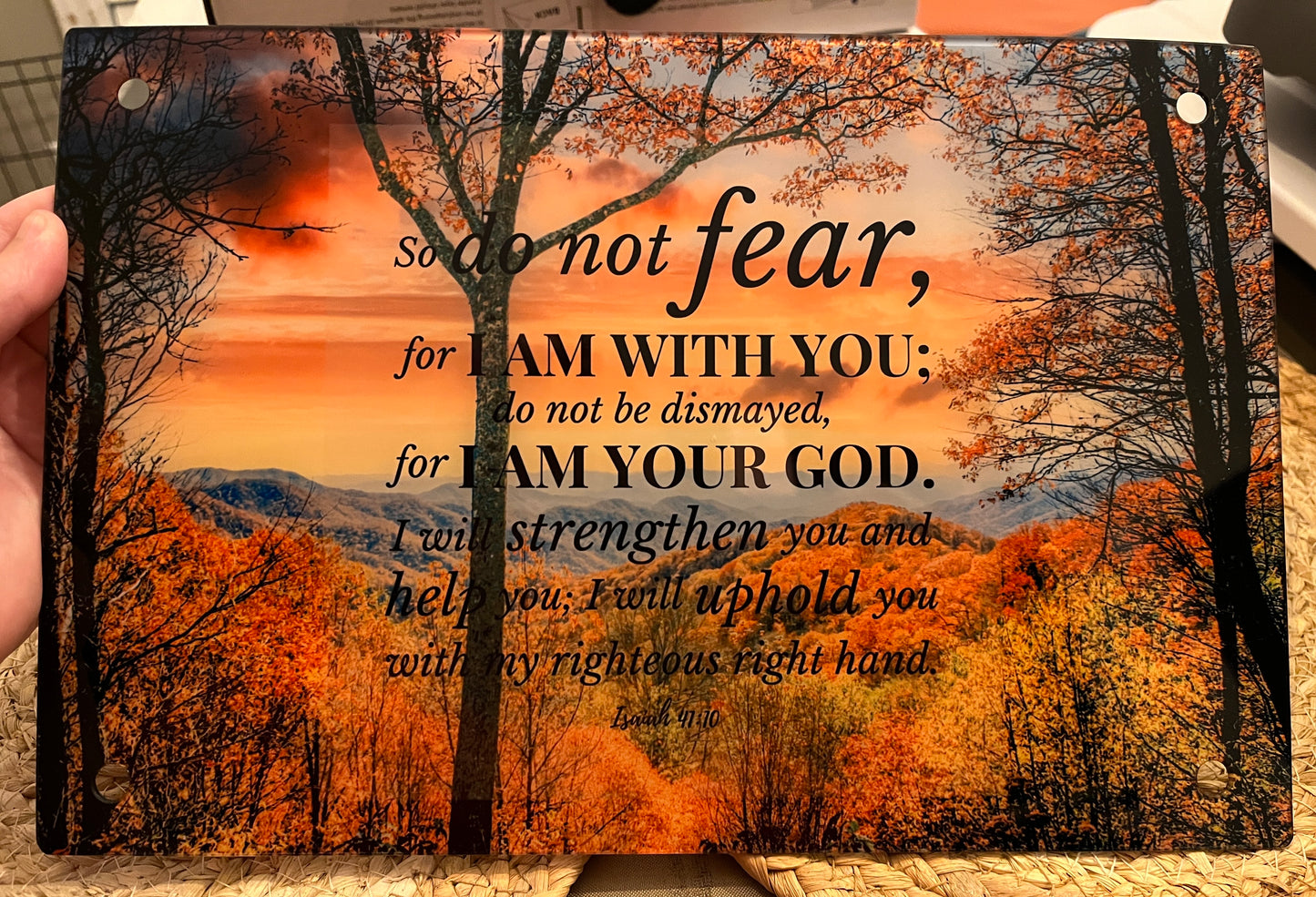 Smoky Mountains Scripture Glass Wall Art – Isaiah 41:10 (8” x 12”) | With Standoff Mounts