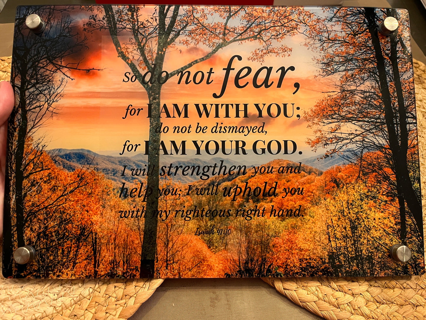 Smoky Mountains Scripture Glass Wall Art – Isaiah 41:10 (8” x 12”) | With Standoff Mounts