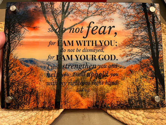Smoky Mountains Scripture Glass Wall Art – Isaiah 41:10 (8” x 12”) | With Standoff Mounts