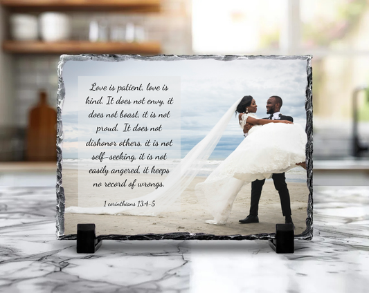 Personalized Wedding Photo Slate Rock Plaque – 1 Corinthians 13:4–5 Scripture | Large 7.6" x 11.4" | Christian Wedding Keepsake
