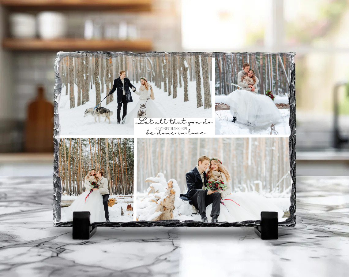 Personalized Wedding Photo Collage Slate Rock Plaque – 1 Corinthians 16:14 Scripture | Large 7.6" x 11.4" | Christian Marriage Keepsake
