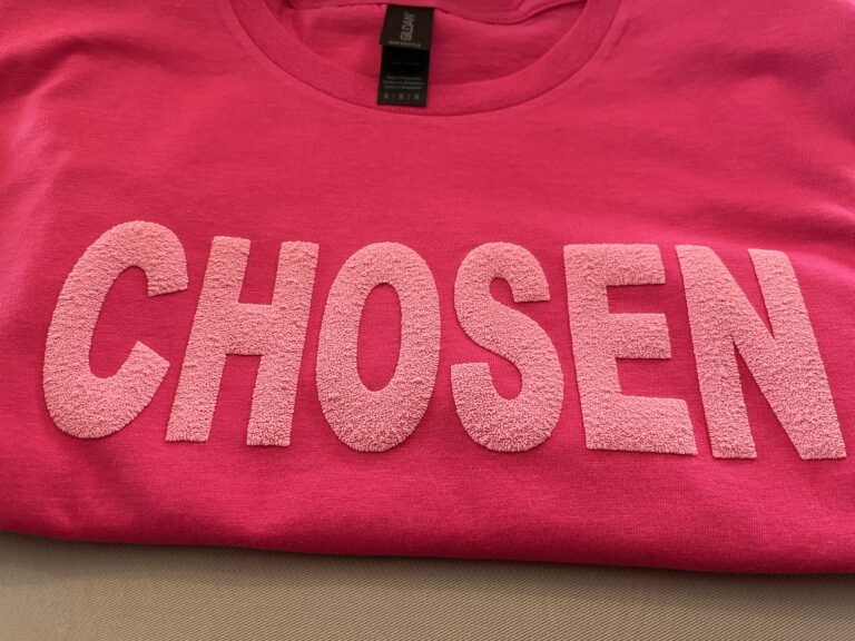 pink words chosen on pink shirt